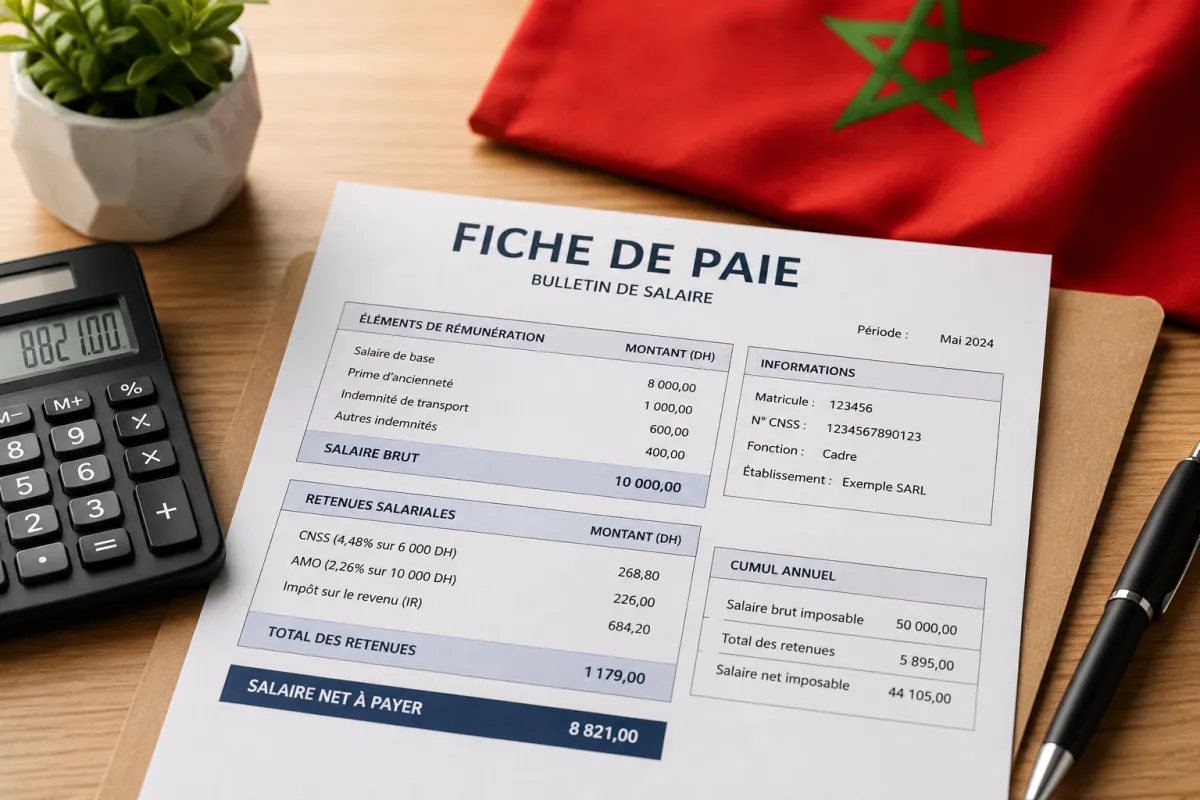 Fiche de paie marocaine avec calculatrice et documents de salaire