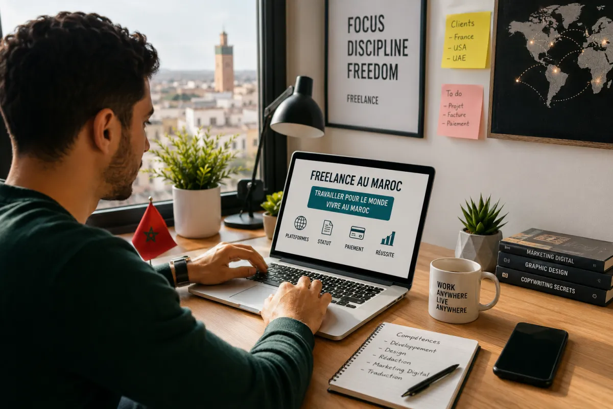 Freelance marocain travaillant sur ordinateur portable depuis chez lui
