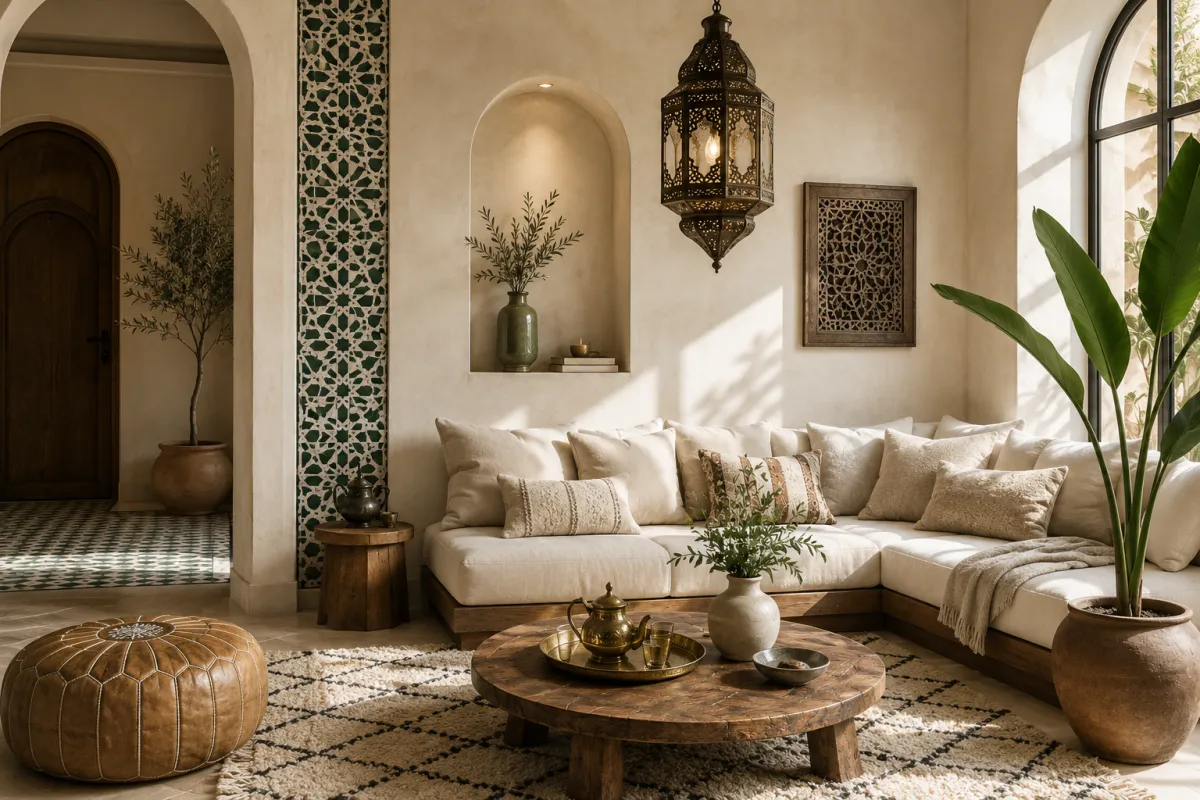 Salon décoré dans un style marocain moderne avec zellige et tapis berbère