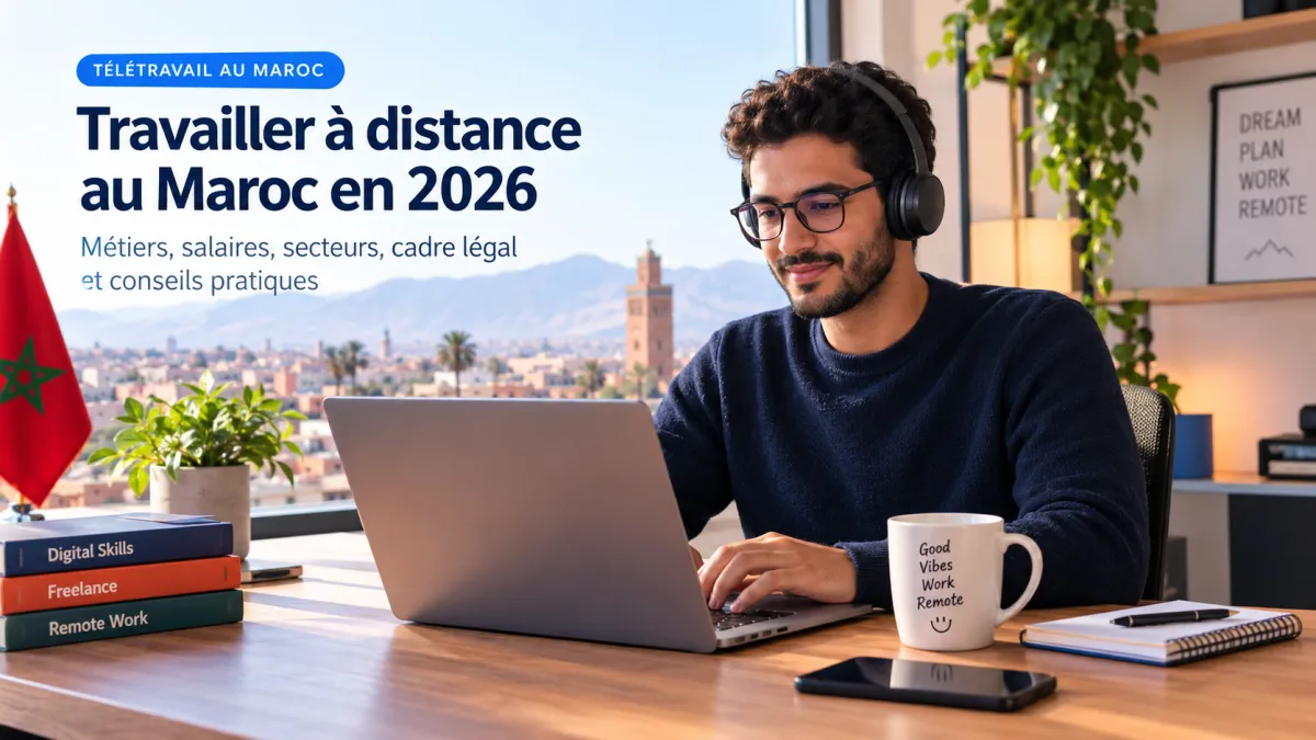 Professionnel en télétravail travaillant sur un ordinateur portable depuis son domicile au Maroc en 2026.