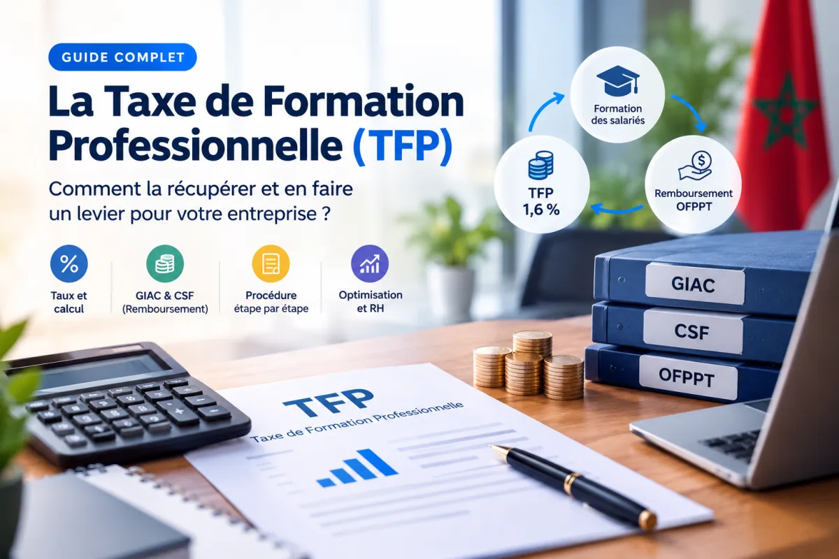 Directeur financier et DRH analysant la taxe de formation professionnelle au Maroc et les formulaires de remboursement OFPPT sur un ordinateur.