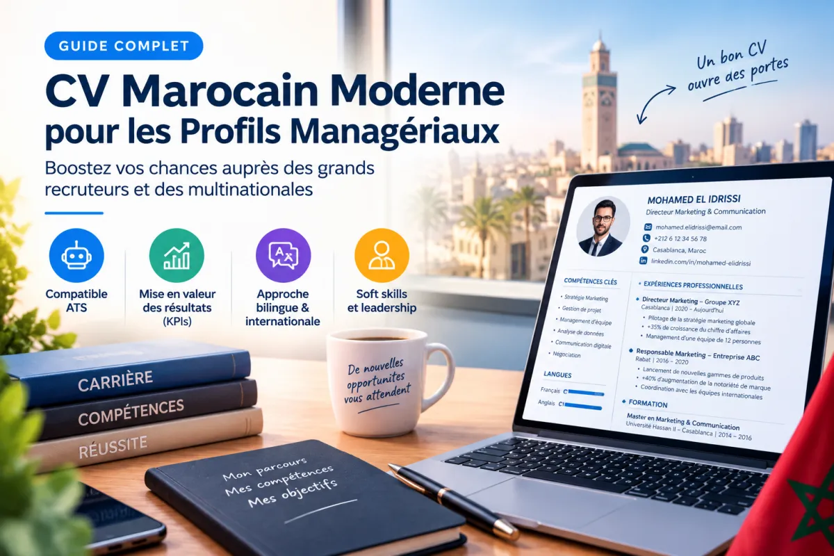 Cadre supérieur à Casablanca analysant la mise en page d'un modèle de CV international optimisé pour passer les filtres des logiciels de recrutement ATS.
