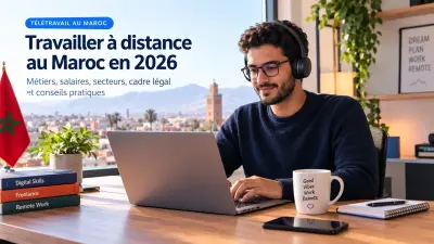 Professionnel en télétravail travaillant sur un ordinateur portable depuis son domicile au Maroc en 2026.