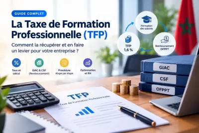 Directeur financier et DRH analysant la taxe de formation professionnelle au Maroc et les formulaires de remboursement OFPPT sur un ordinateur.