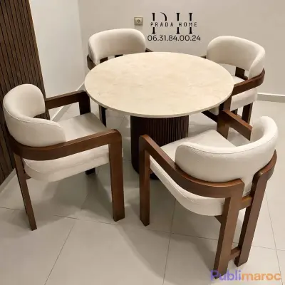 Table Ronde Marbre originale avec 4 Chaises – Style Luxe & Élégance